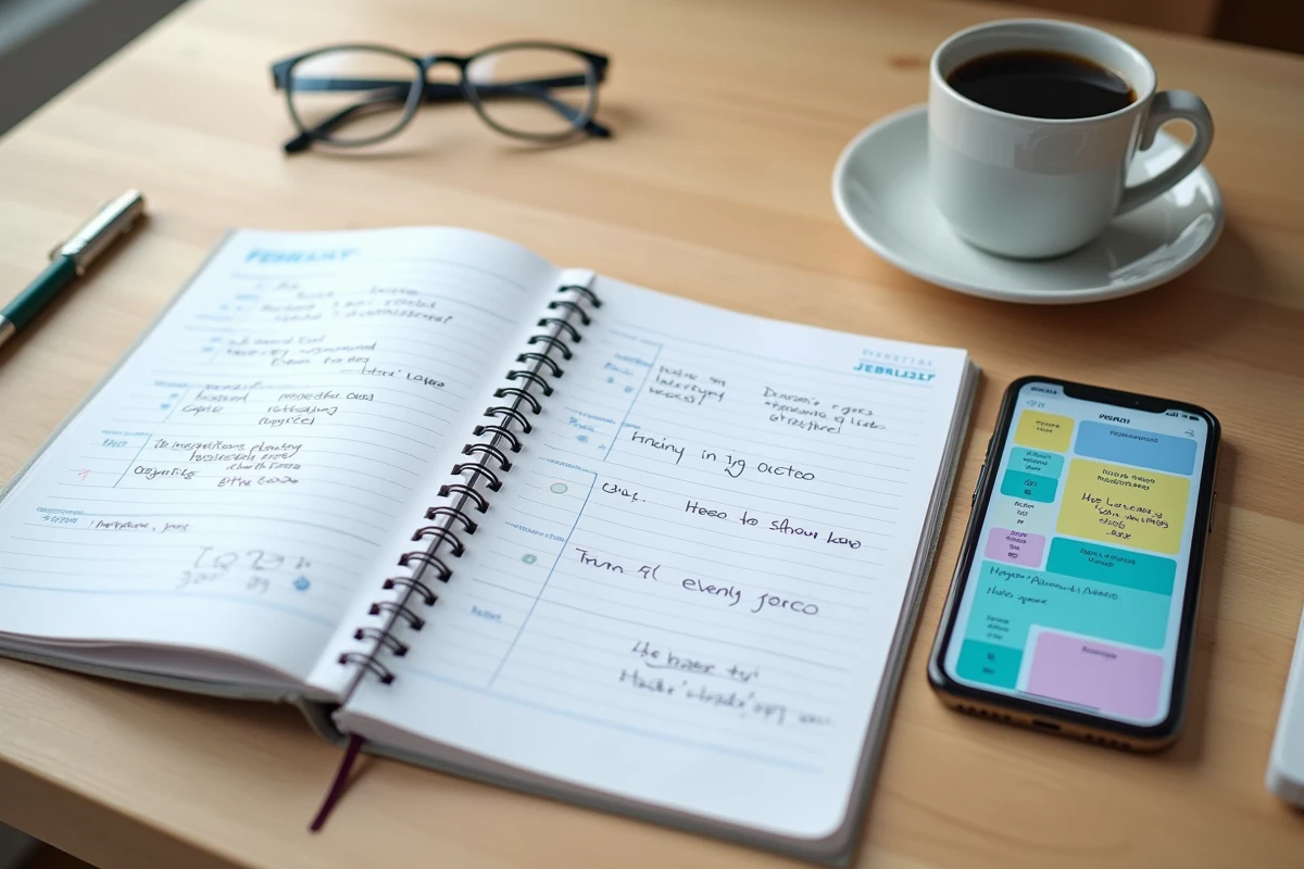Agenda papier et smartphone affichant le calendrier de garde alternée semaines paires et impaires 2026 sur un bureau