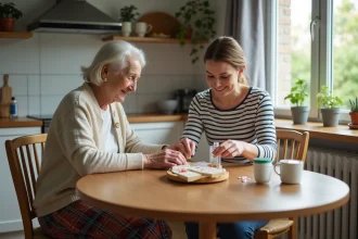 Femme âgée aidée par sa fille pour organiser ses médicaments