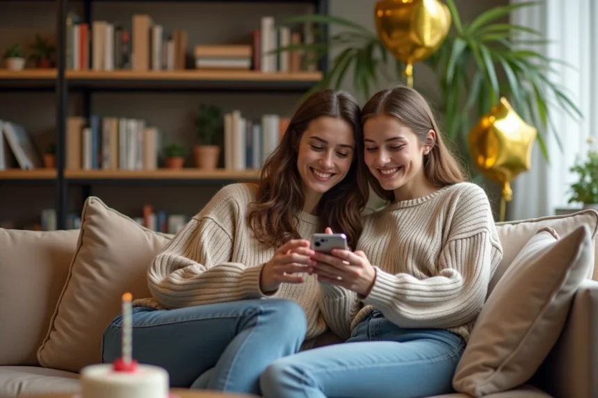 Deux femmes souriantes lors d'un anniversaire à la maison