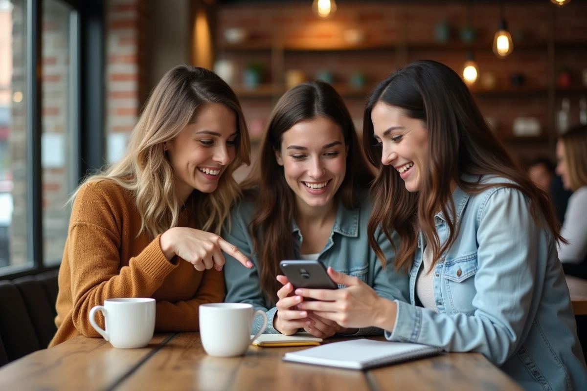 Groupe d'amies regardant ensemble une liste de naissance sur smartphone dans un café
