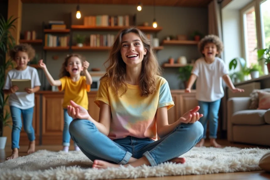 Animatrice entourée d'enfants joyeux en train de réaliser des gages amusants dans un salon familial