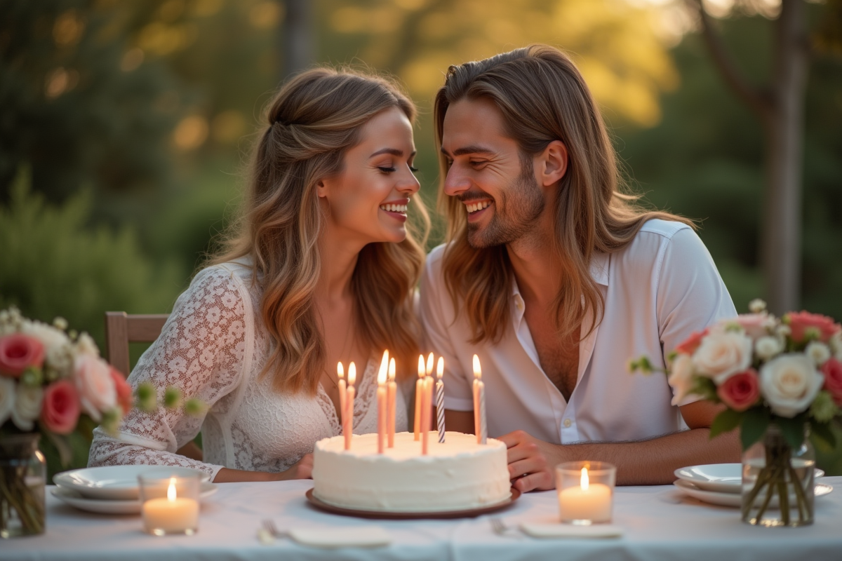Couple heureux célébrant leur anniversaire avec gâteau et bougies