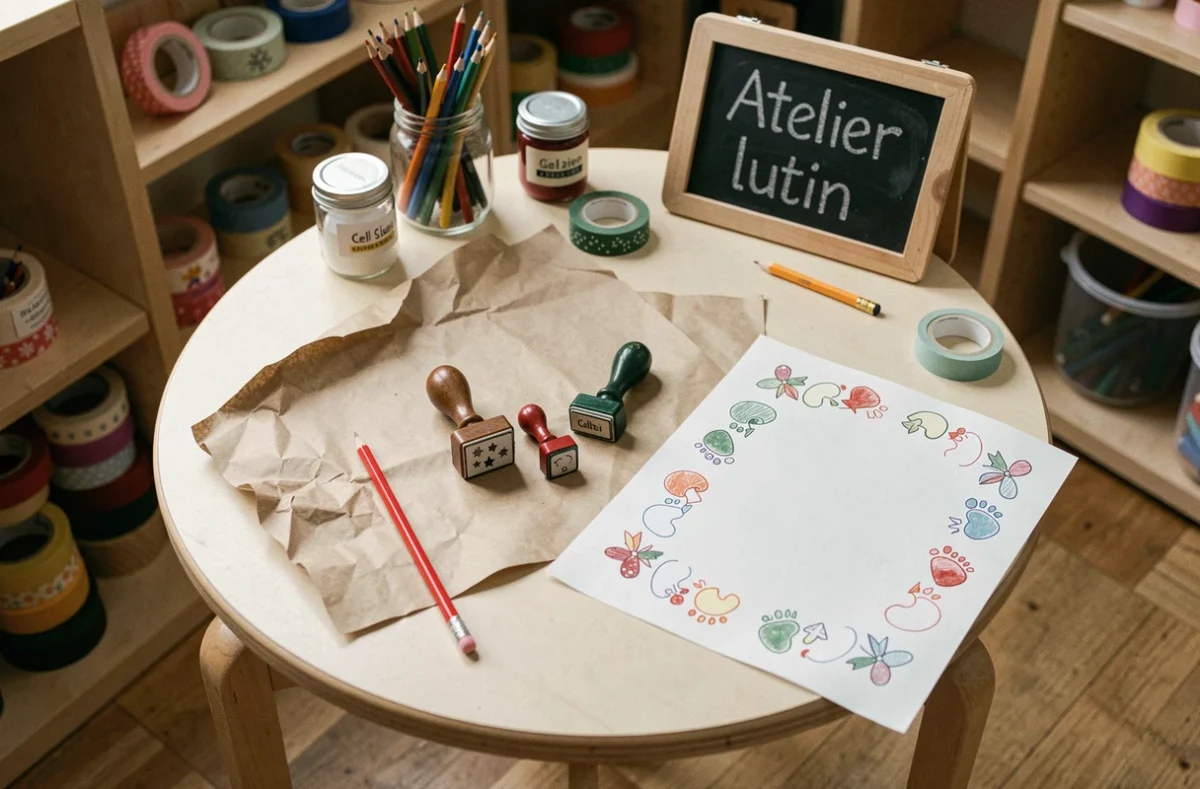 Table d'atelier maternelle avec matériel pour créer une lettre de lutin farceur en papier kraft
