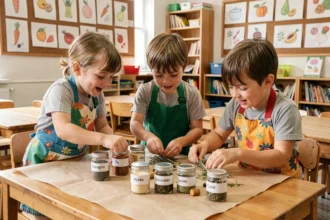 Enfants en tablier coloré explorant des bocaux d'épices et d'herbes aromatiques sur une table en bois lors d'un atelier sensoriel en classe pour la Semaine du goût
