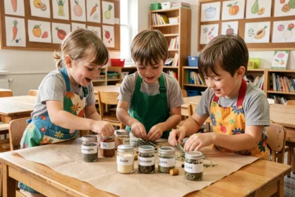Enfants en tablier coloré explorant des bocaux d'épices et d'herbes aromatiques sur une table en bois lors d'un atelier sensoriel en classe pour la Semaine du goût