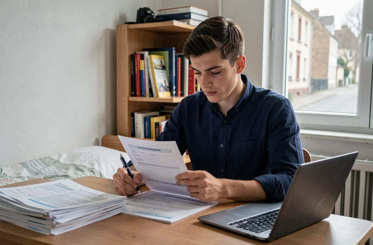 Jeune homme majeur remplissant une attestation d'hébergement chez ses parents dans sa chambre
