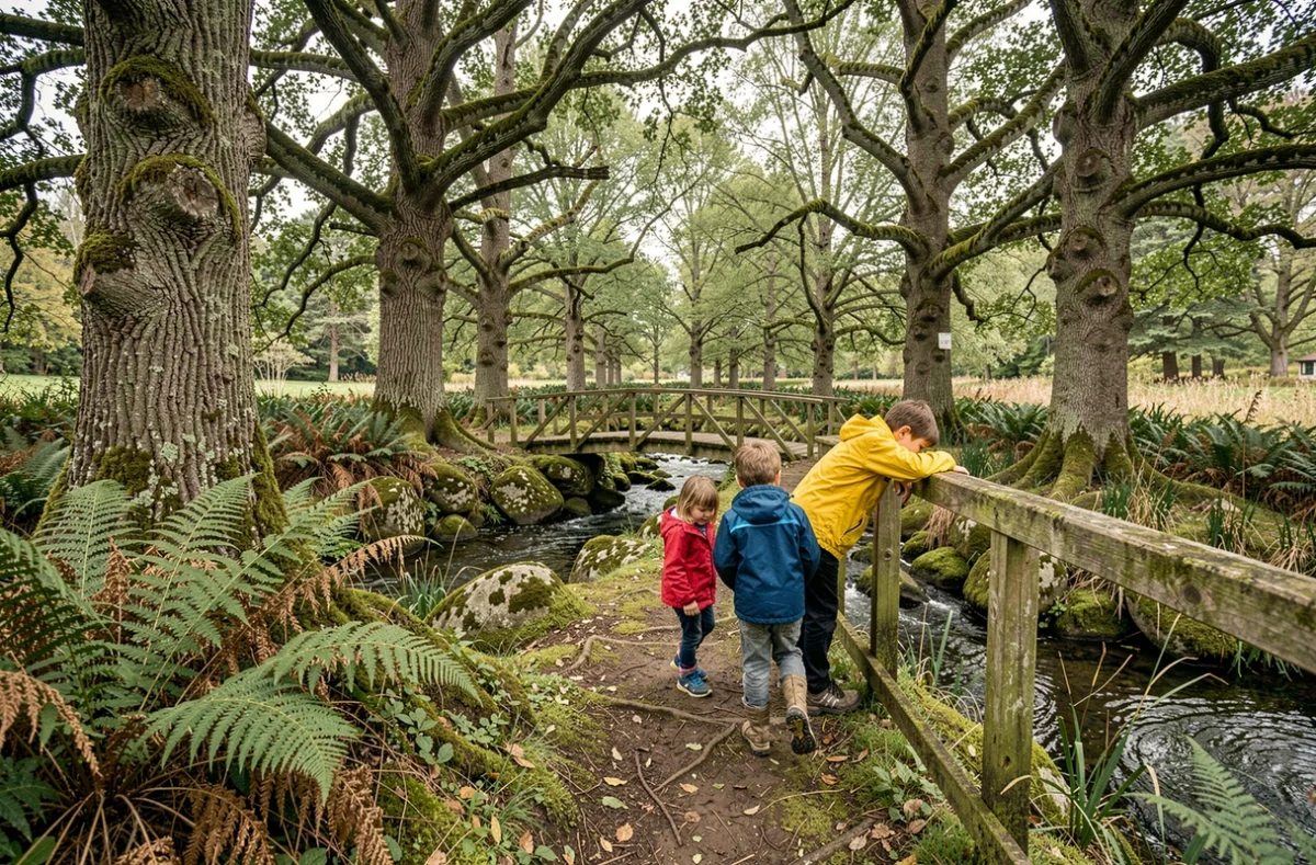Famille traversant un pont en bois dans la forêt naturelle de L'Aven Parc près de Pont-Aven