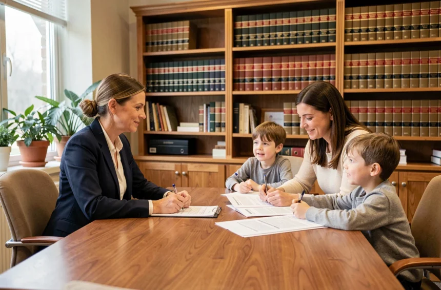 Avocate spécialisée en droit de la famille aidant une mère et ses enfants lors d'une consultation de divorce
