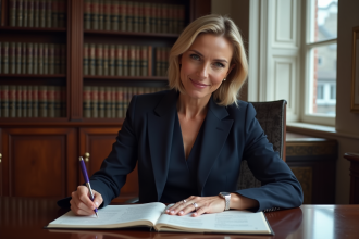 Avocate en costume marine dans son bureau élégant