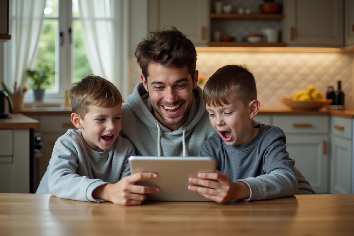 Baby-sitter et enfants découvrant des idées de gages amusants sur une tablette dans une cuisine moderne