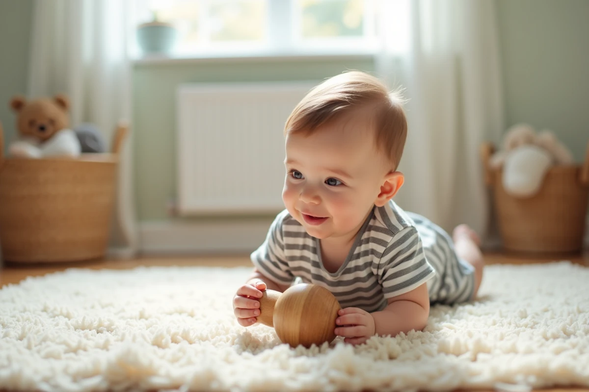 Bébé garçon de 7 mois avec hochet en bois dans le berceau