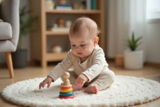 Bébé fille de 7 mois jouant avec anneaux Montessori