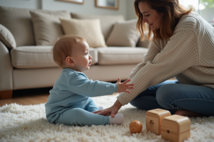 Bébé curieux tapant la main de sa mère dans le salon