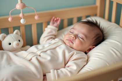 Bébé endormi dans un lit en bois dans une nurserie douce