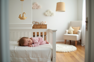 Bébé de six mois dormant paisiblement dans un lit blanc