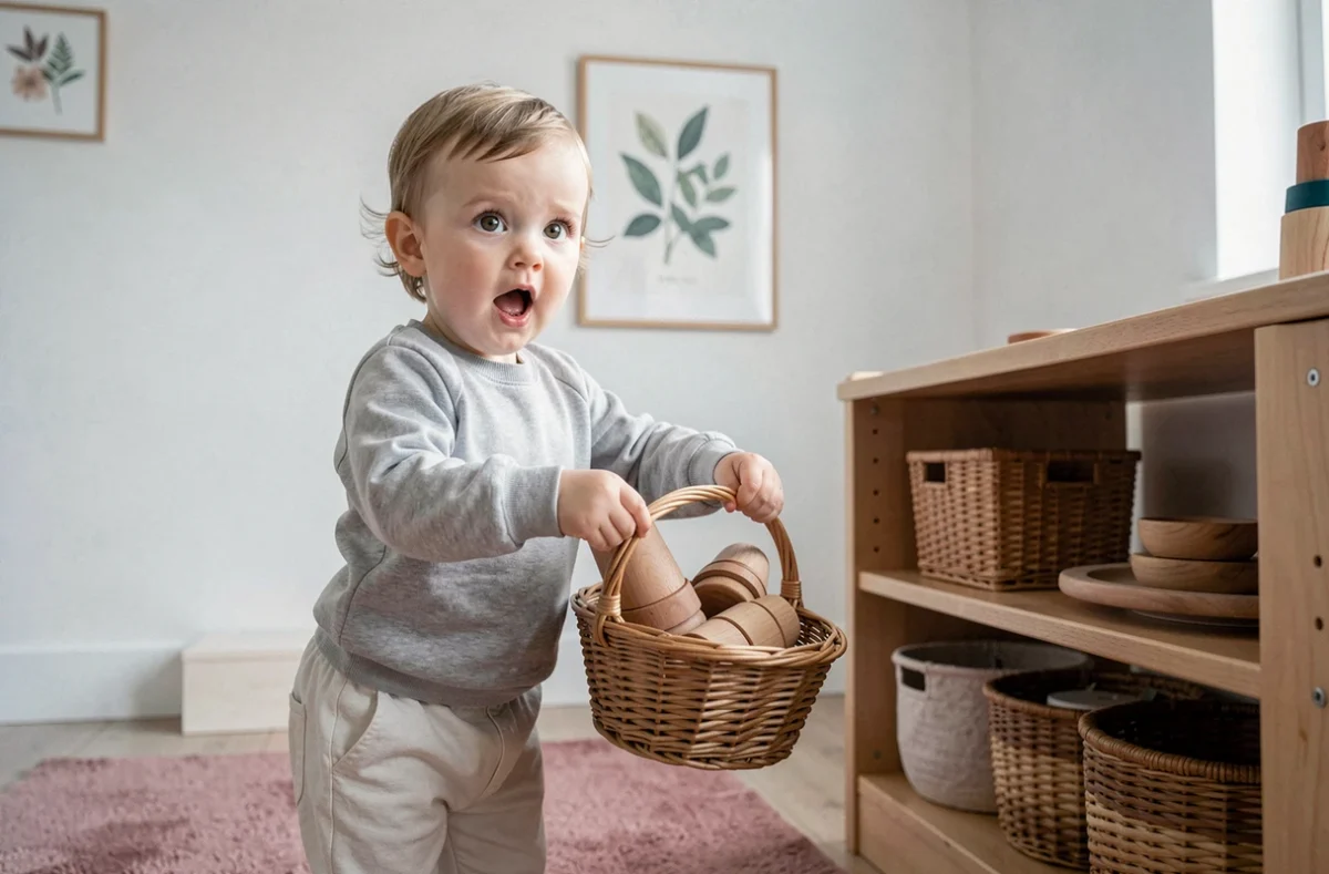 Bébé de 17 mois debout devant une étagère Montessori bas saisissant un panier de tasses empilables en bois dans une chambre organisée