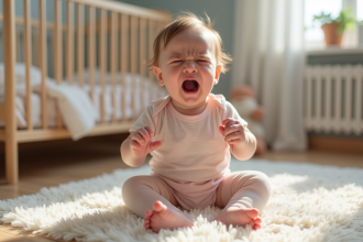 Bébé fille en crise dans une nurserie pastel