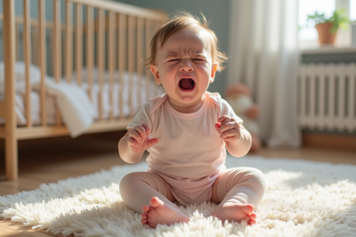 Bébé fille en crise dans une nurserie pastel