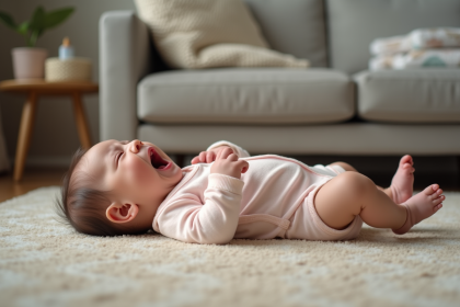 Bebe fille en pyjama pastel pleurant dans le salon
