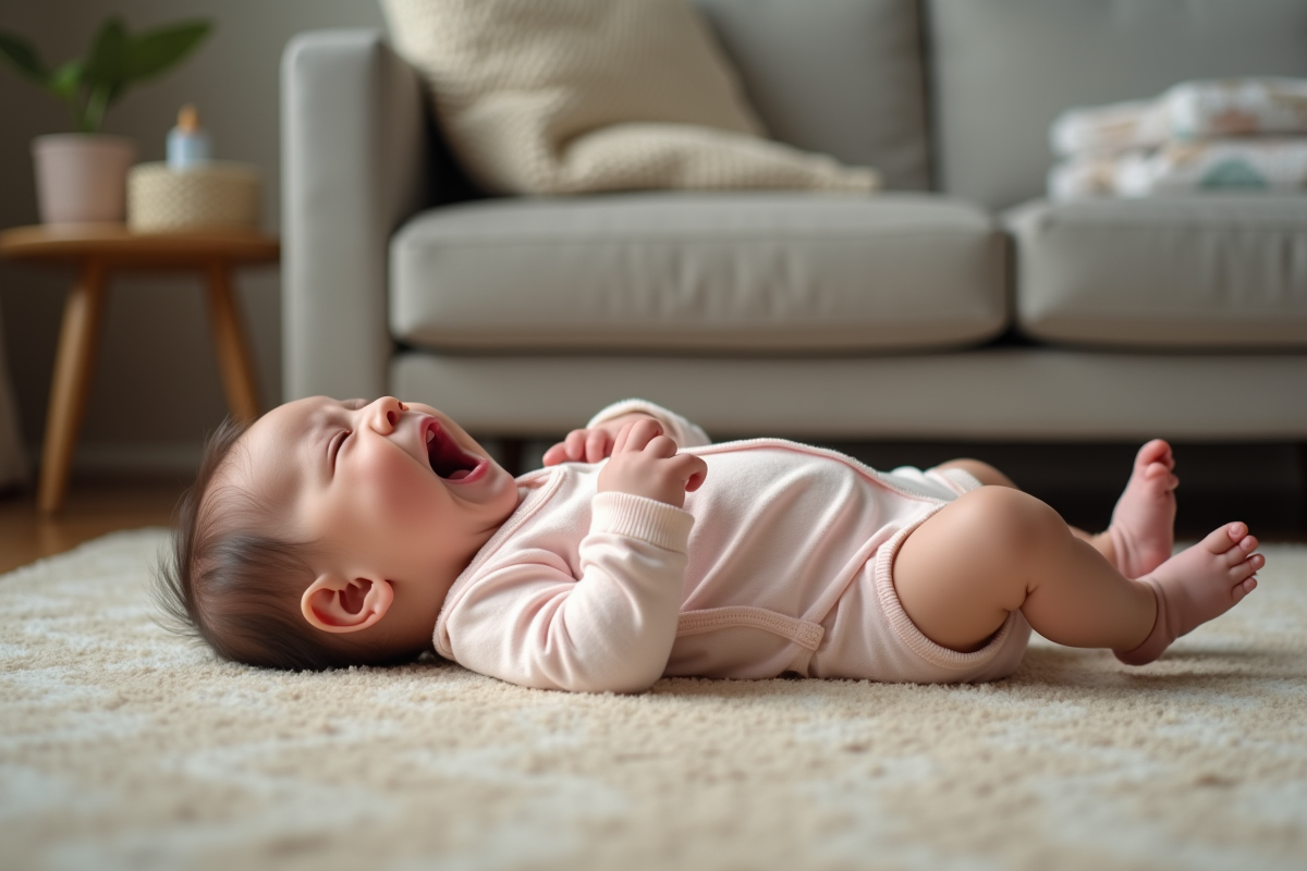 Bebe fille en pyjama pastel pleurant dans le salon