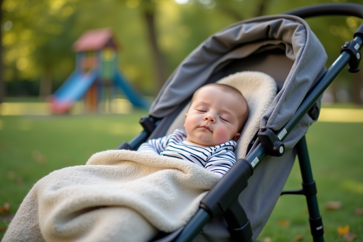 Bébé garçon de 7 mois dormant dans une poussette en parc