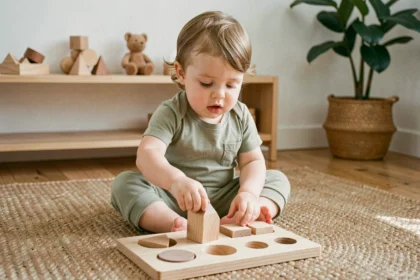 Bébé de 15 mois jouant avec un jouet Montessori en bois sur un parquet en chêne dans une salle de jeux épurée