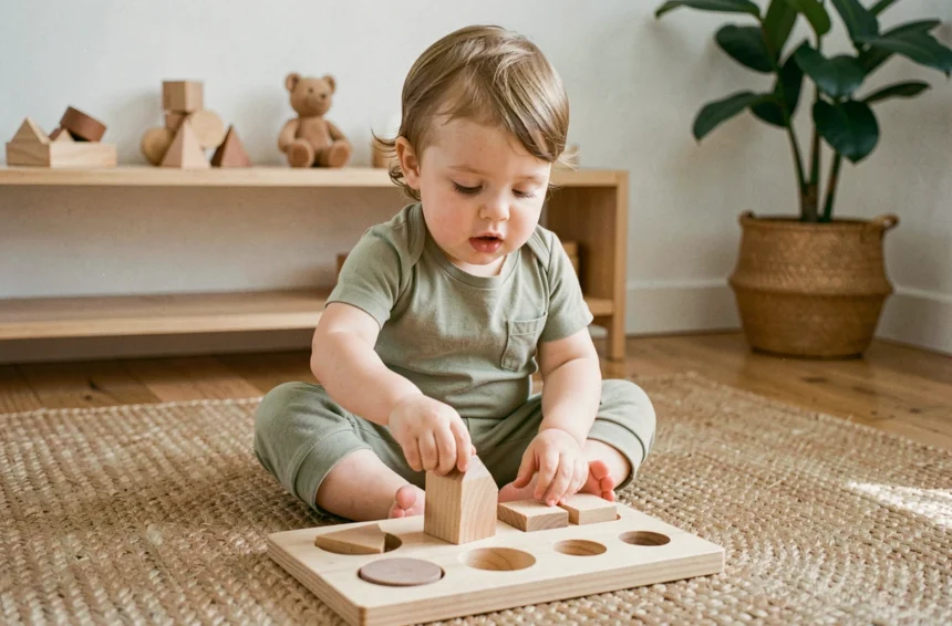 Bébé de 15 mois jouant avec un jouet Montessori en bois sur un parquet en chêne dans une salle de jeux épurée