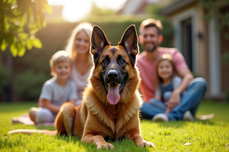 Chien berger belge assis dans un jardin ensoleille avec famille