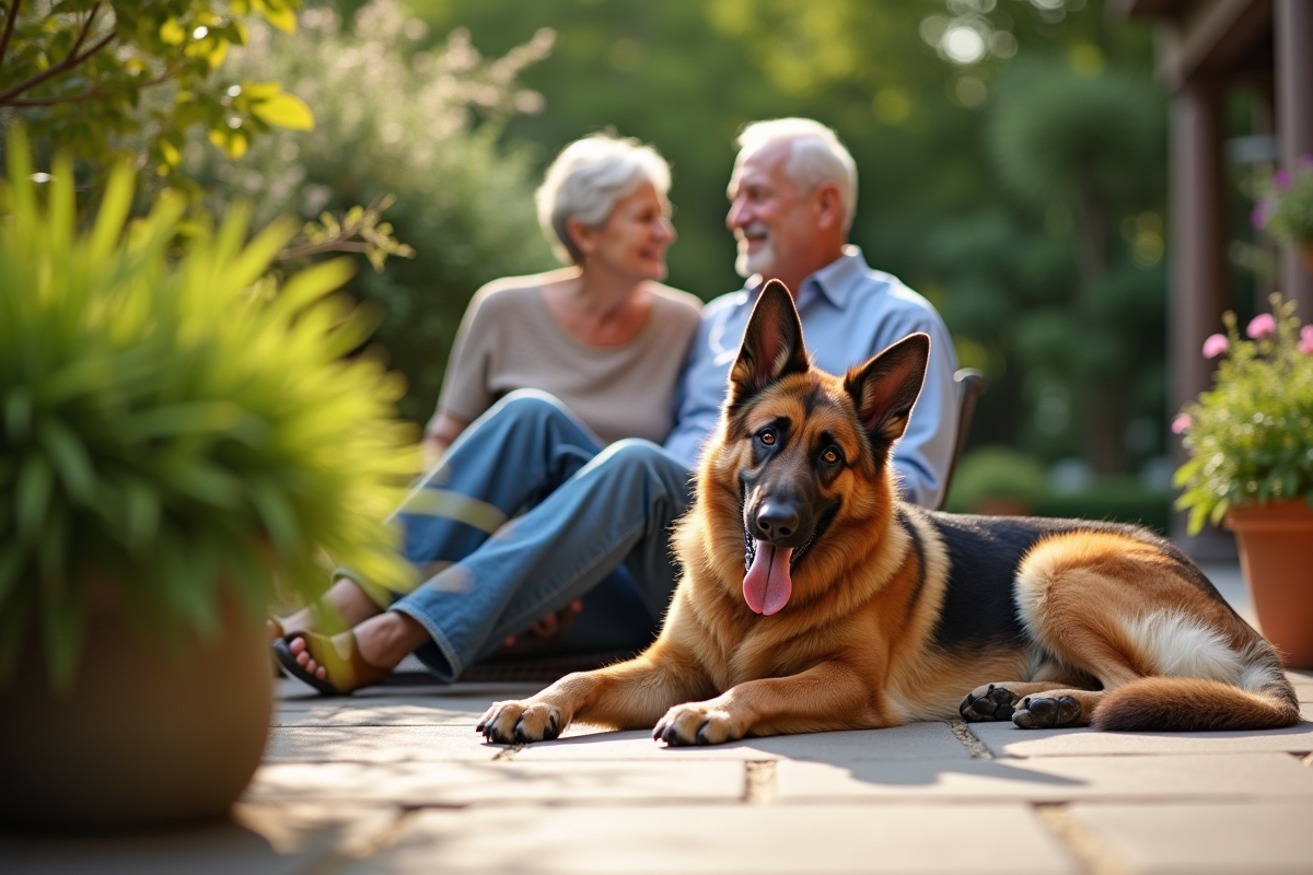 Berger allemand reposant avec un couple dans un jardin ensoleille