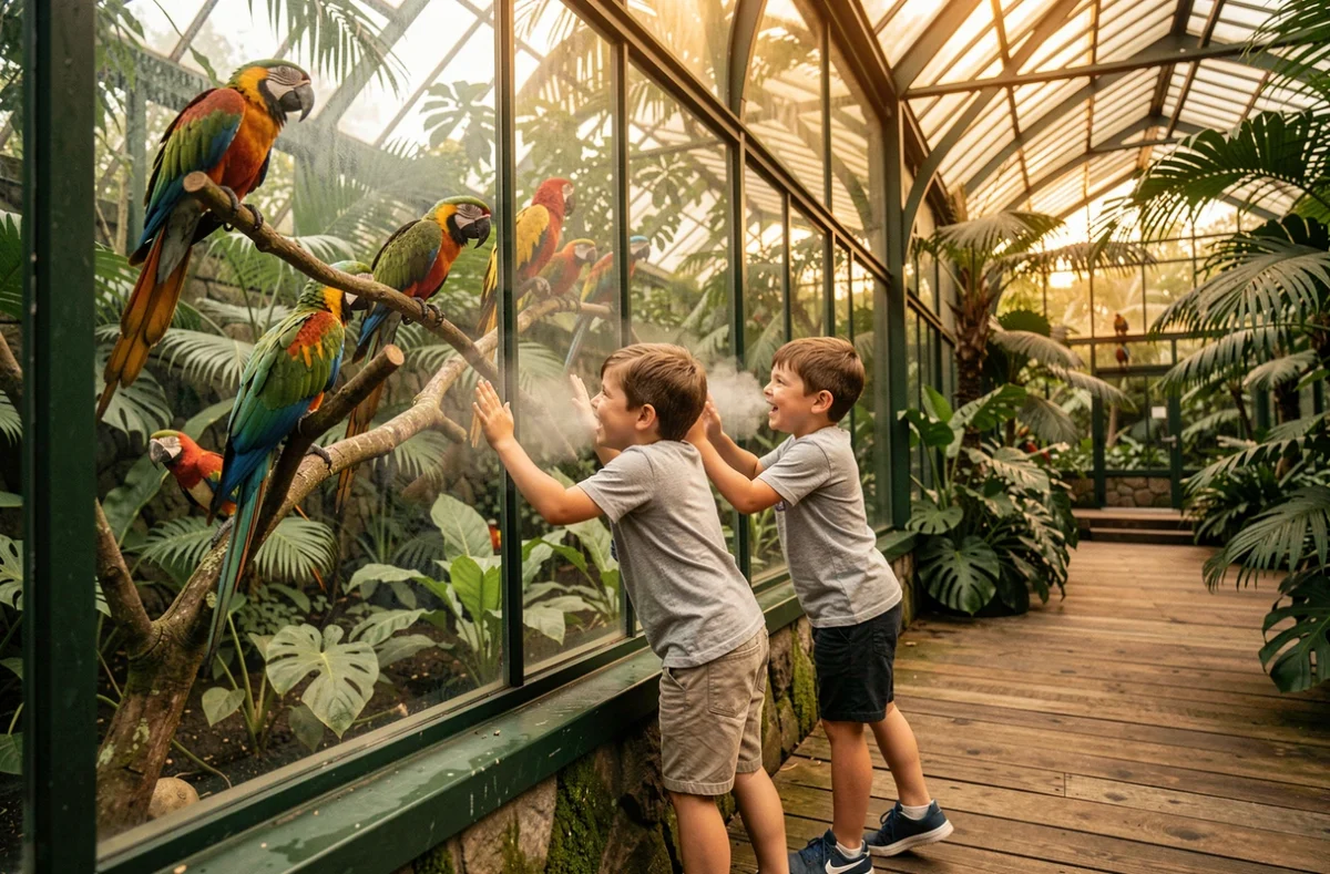Enfants admirant des oiseaux exotiques à travers la vitre du parc Biotropica en Normandie