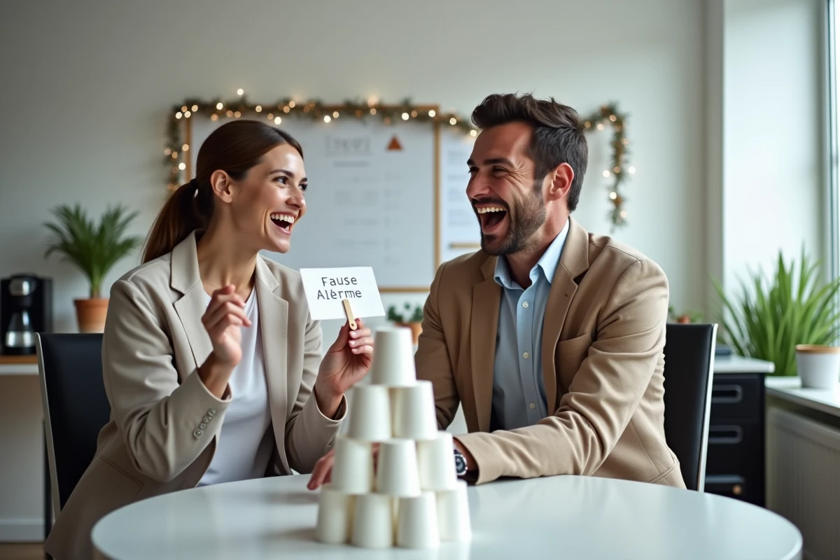 Deux collègues adultes rient ensemble d'une blague inoffensive dans une salle de pause de bureau décorée pour les fêtes