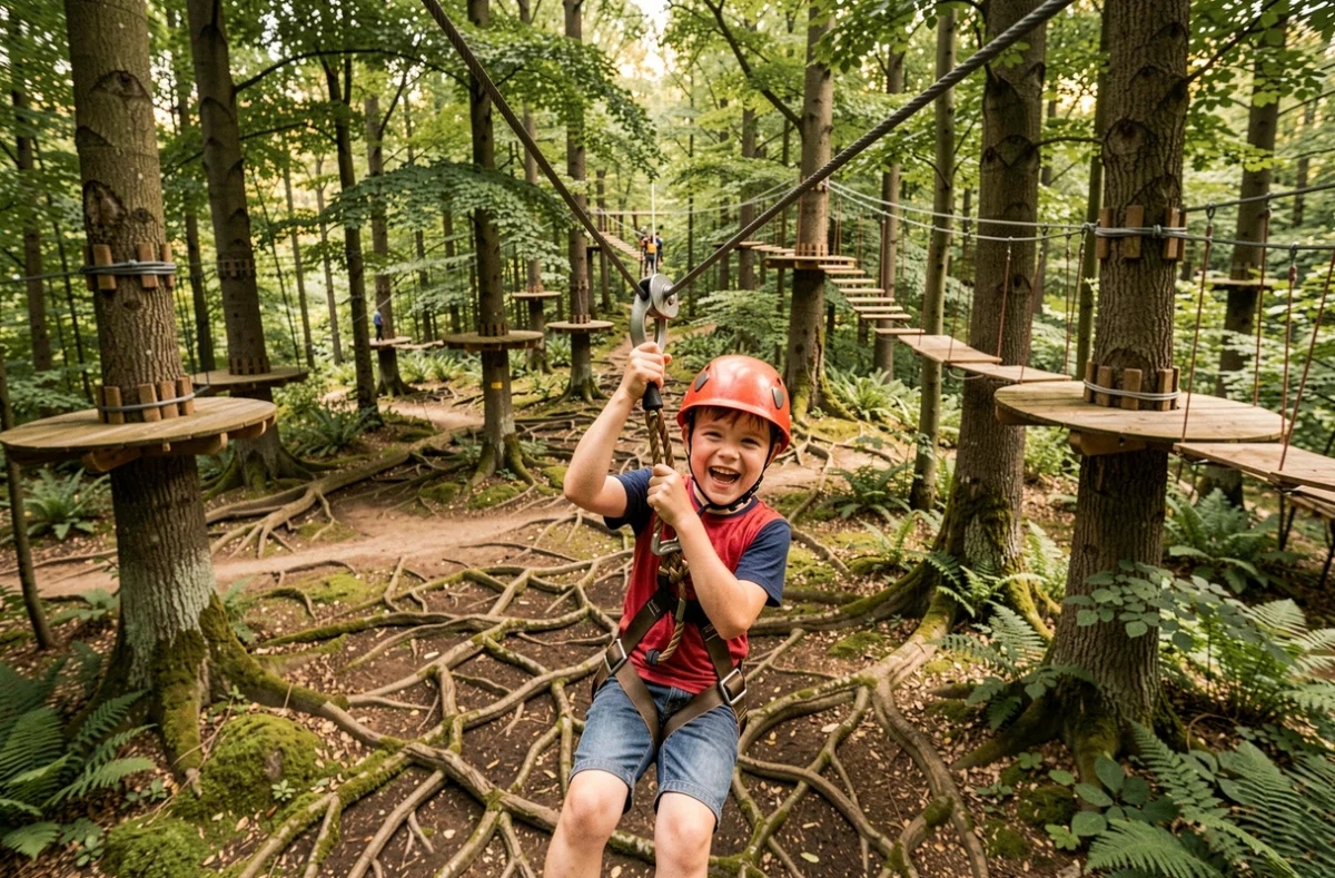 Enfant souriant en pleine tyrolienne au Bonobo Parc, accrobranche en forêt bretonne