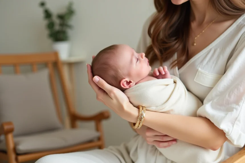 Maman et bébé portant des bracelets assortis en or dans une chambre de bébé douce et épurée