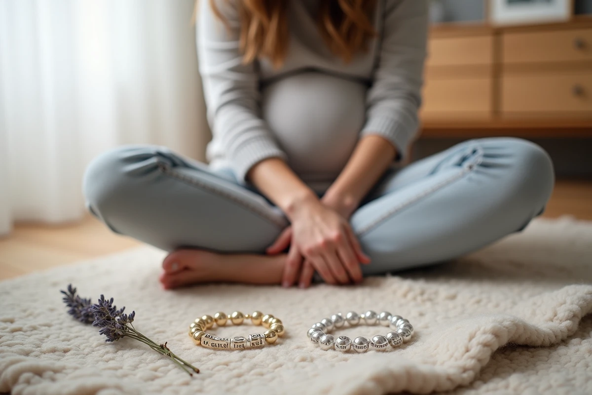 Bracelet prénom maman en argent et bijou naissance bébé posés dans un intérieur scandinave minimaliste