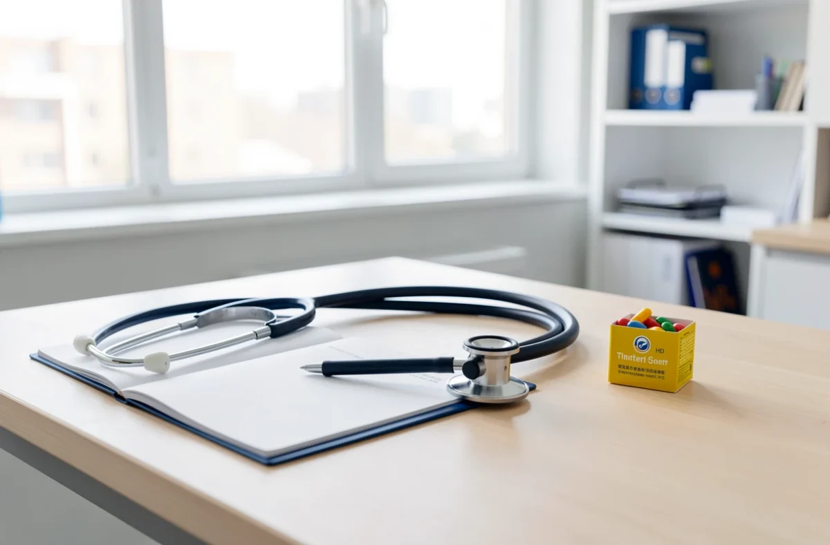 Bureau de consultation médicale avec stéthoscope et vitamines