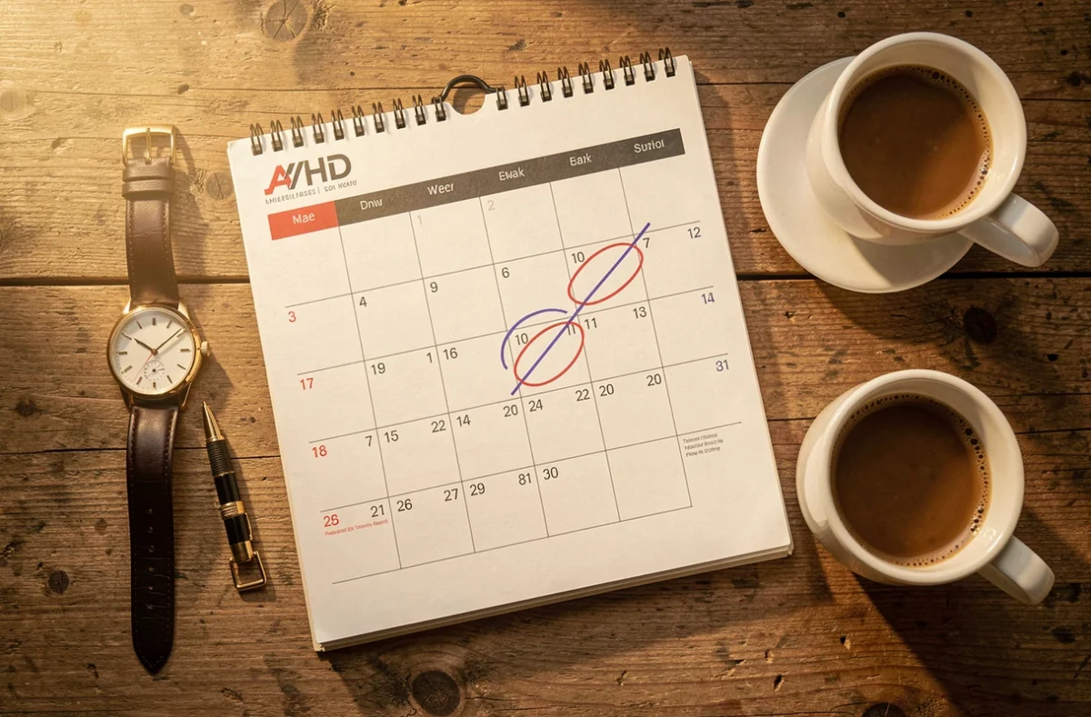 Calendrier avec quelques jours entourés sur une table en bois