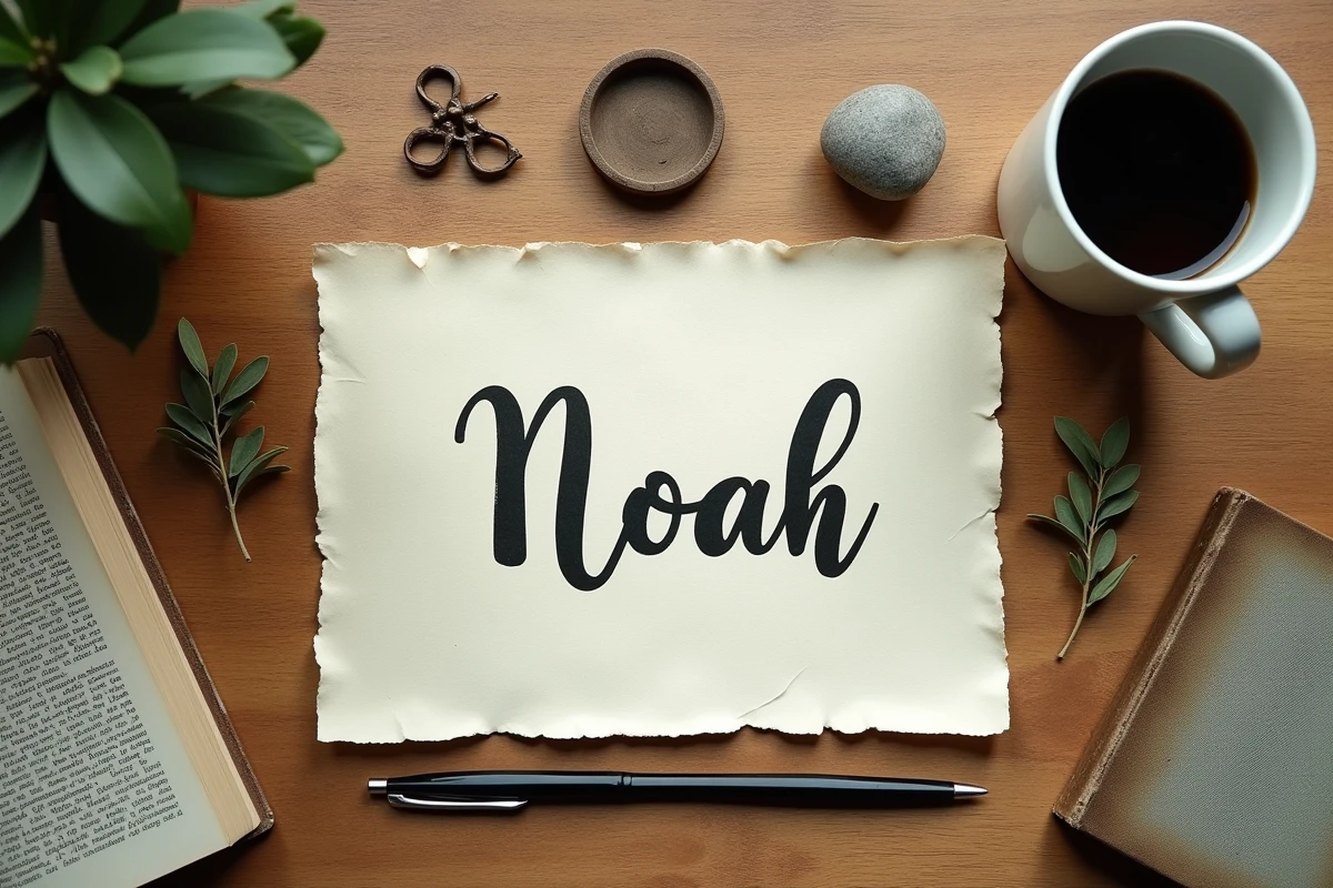 Composition éditoriale avec le prénom Noah écrit en calligraphie sur papier crème, entouré d'objets symboliques évoquant l'origine et le sens du prénom