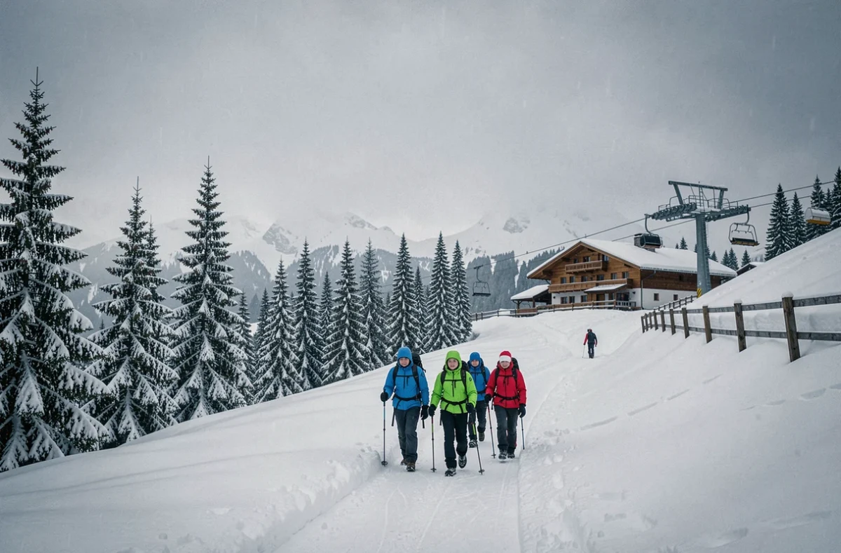 Famille en randonnée hivernale sur les pentes enneigées du Champ du Feu dans les Vosges alsaciennes