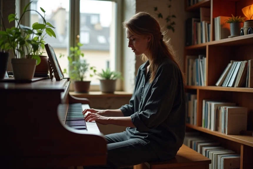 Chanteuse française jouant du piano dans un appartement parisien chaleureux, alliant vie artistique et vie personnelle