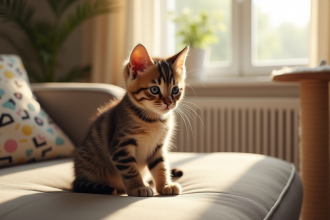 Chaton british shorthair sur un canapé lumineux