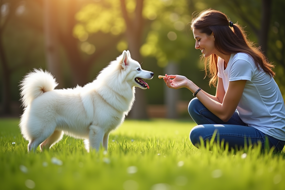 Chien spitz blanc en extérieur avec sa maîtresse