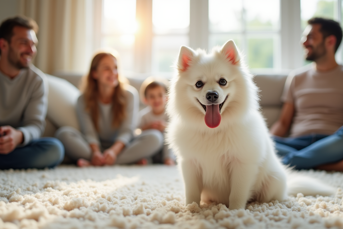 Petit chien spitz blanc dans un salon avec famille