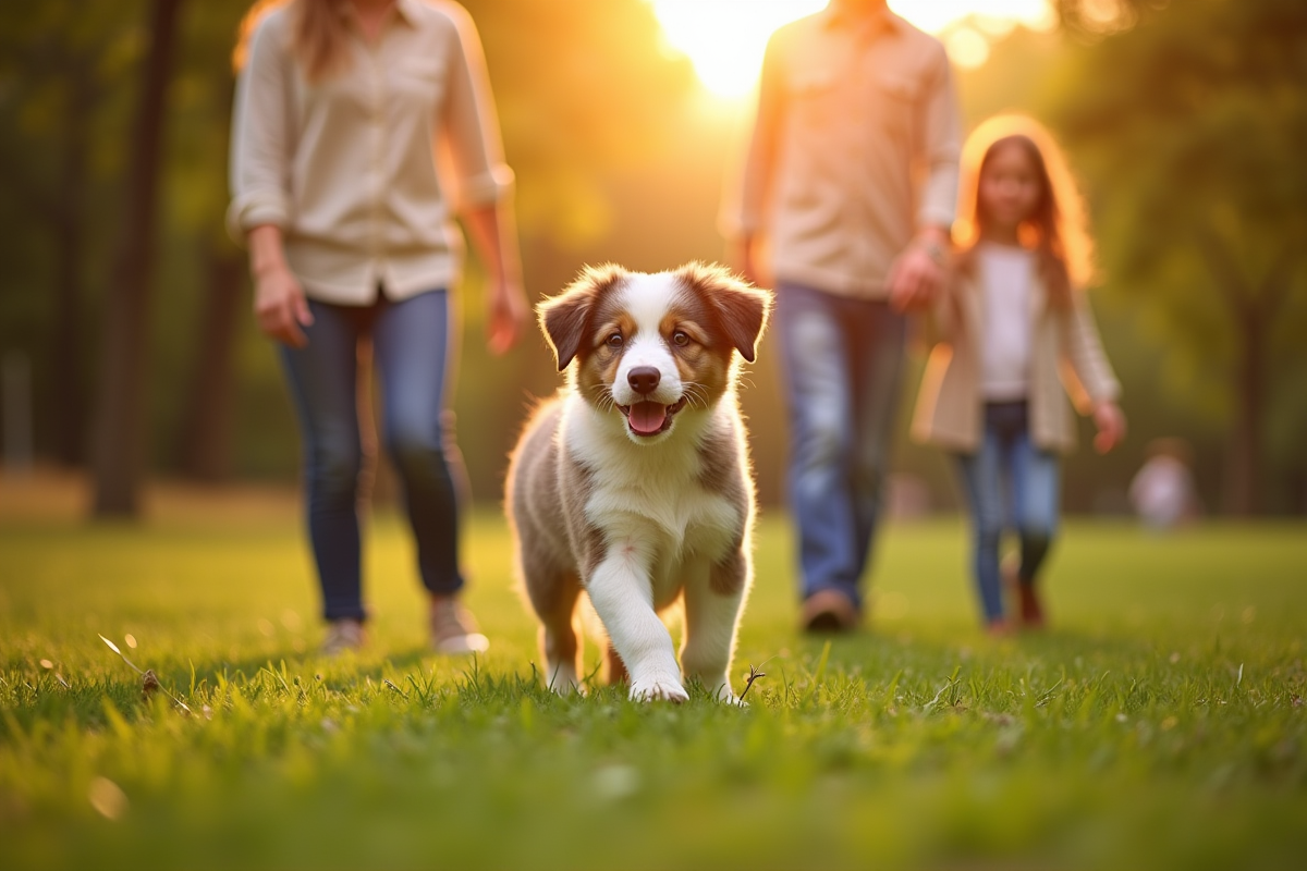 Chiot australien marchant avec enfants dans un parc en fin d