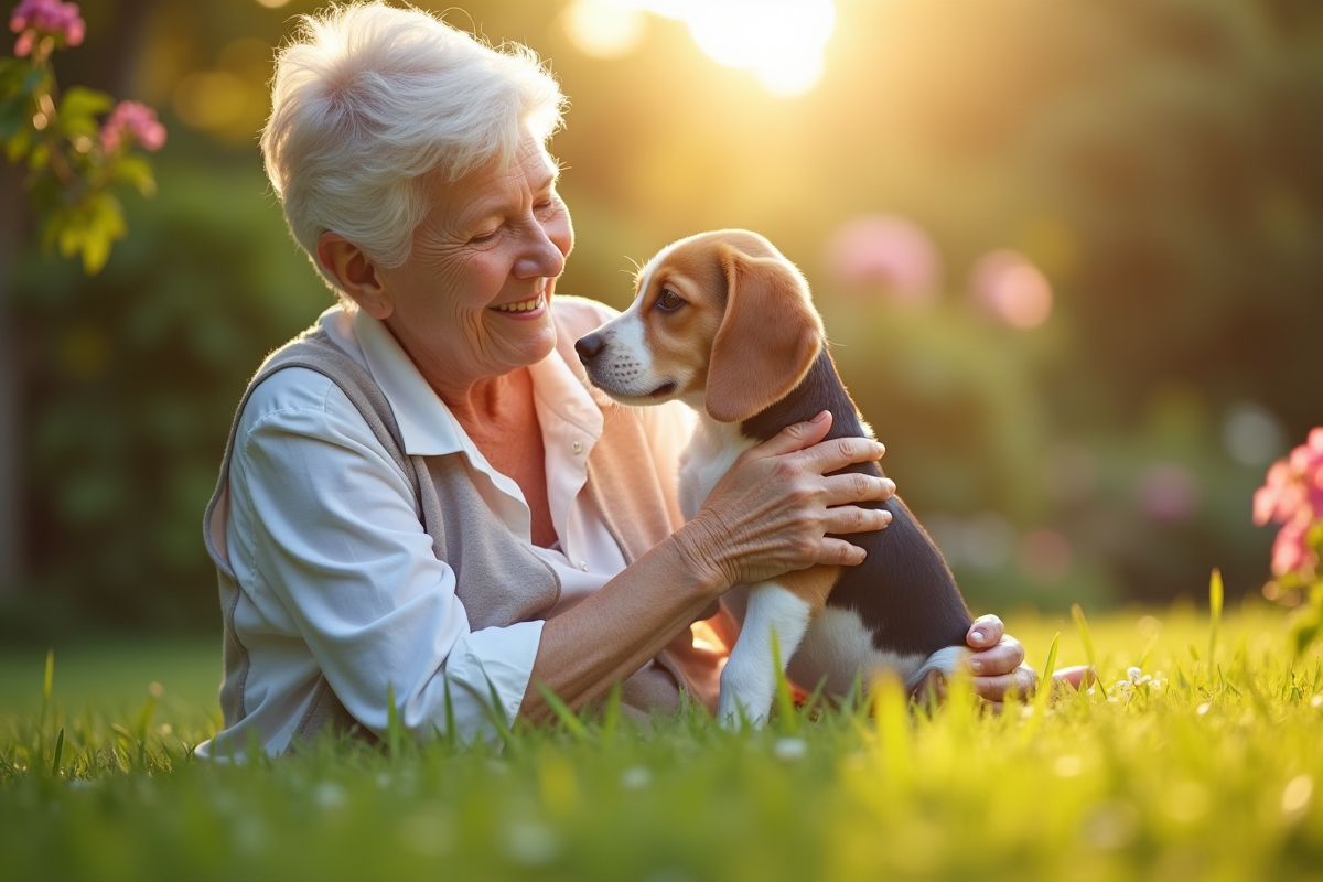 Chiot beagle citron tenu par une femme âgée dans un jardin ensoleille