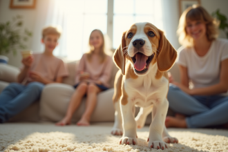 Jeune chiot beagle citron jouant avec famille dans salon lumineux