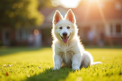 Chiot berger belge blanc sur pelouse ensoleillee avec famille