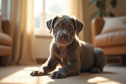 Chiot cane corso assis dans un salon lumineux