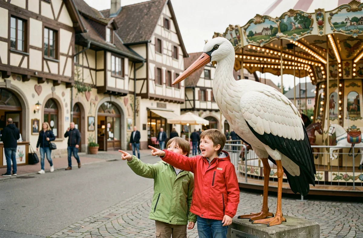 Enfants découvrant Cigoland, le parc des cigognes et attractions en Alsace, devant une sculpture de cigogne décorative