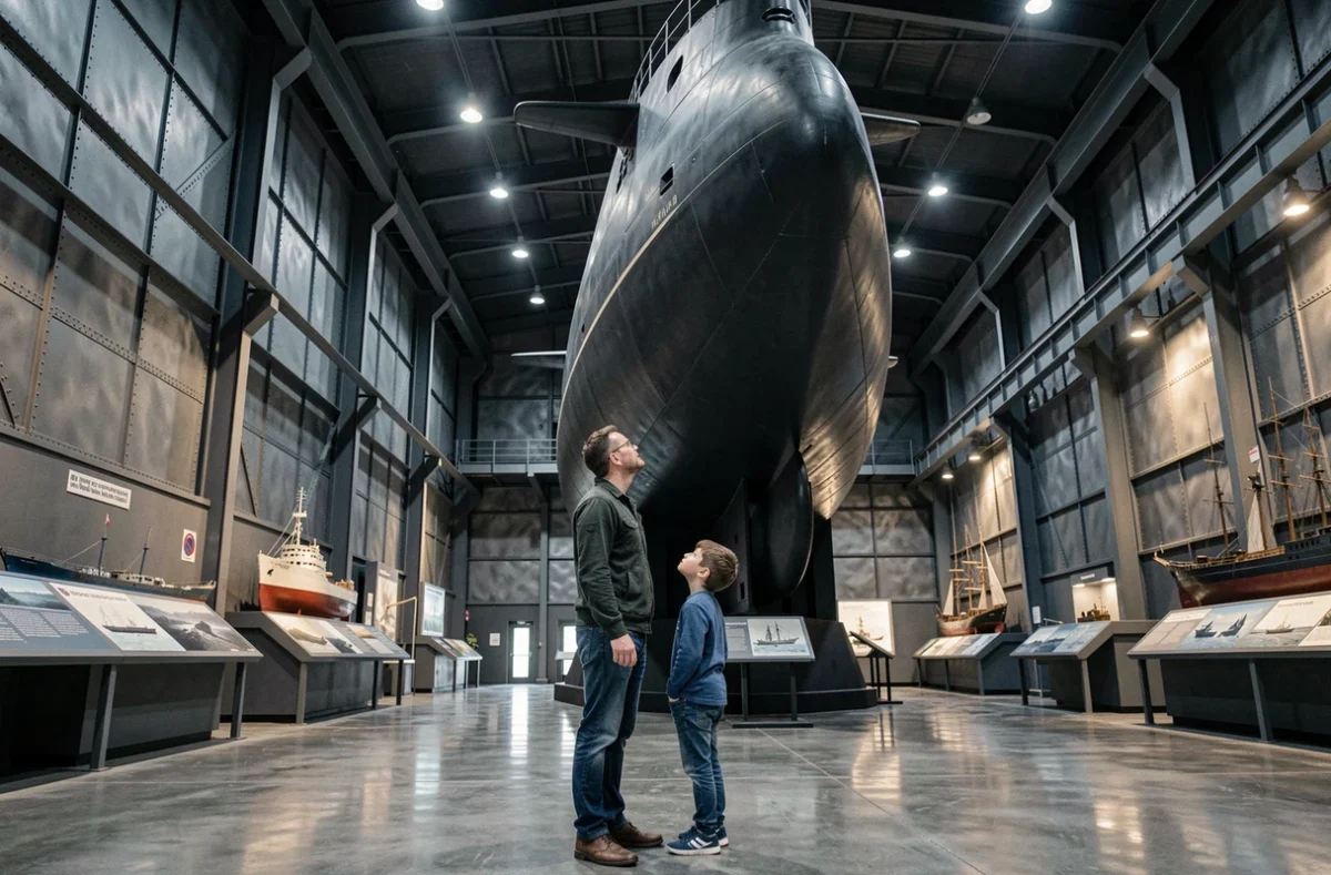 Père et fils admirant le sous-marin nucléaire exposé à la Cité de la Mer de Cherbourg