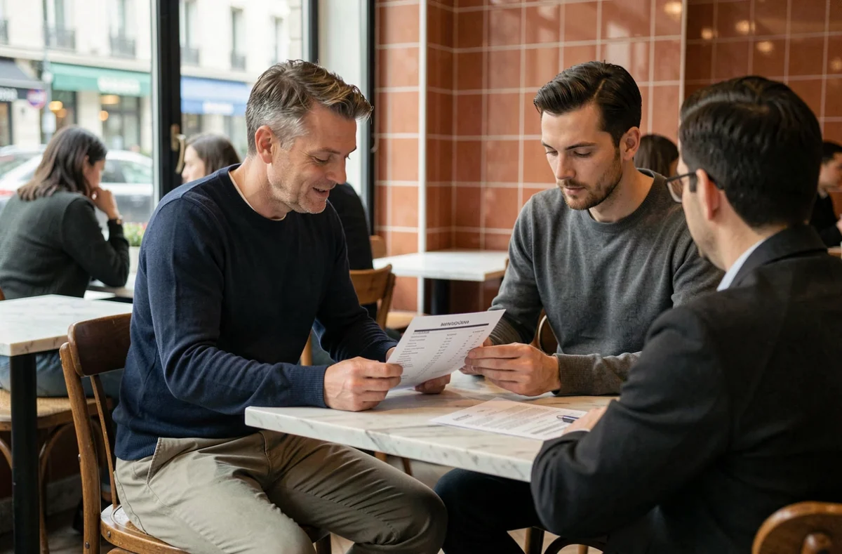 Client et photographe discutant d'une grille tarifaire autour d'un café dans un espace moderne